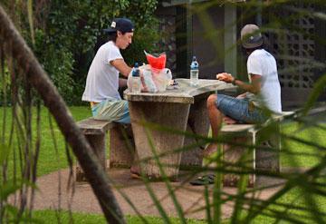 Taking a break at a picnic table