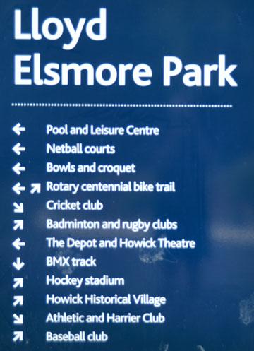 Council sign at the entrance to Lloyd Elsmore Park