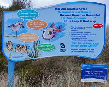 Sign at Rawarawa Beach entrance