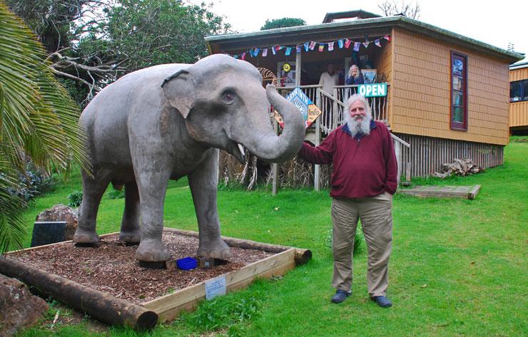 Louis plus elephant at the entrance to his puzzle museum and shop.