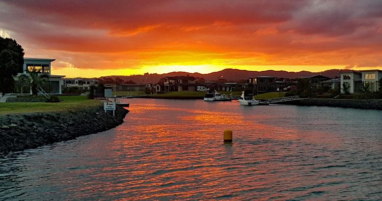 Sunset over the entrance to the Marden Marina