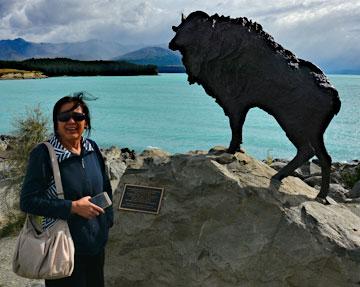 Statue of the Himalayan Tahr overlooking Lake Pukaki