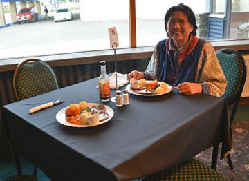 Shuping getting ready to tuck into her meal