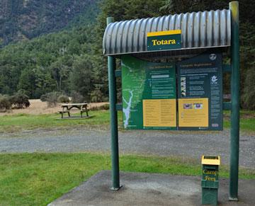 DOC sign at the entrance to the Totara campsite