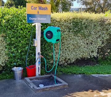 Dump station and car wash at rear campsite